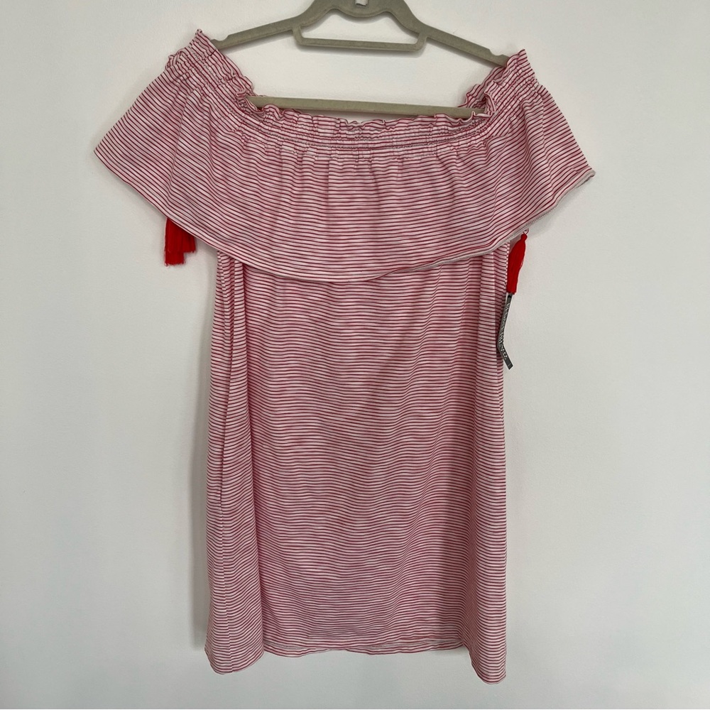 New York & Company Red Striped Off-Shoulder Dress with Pockets Small